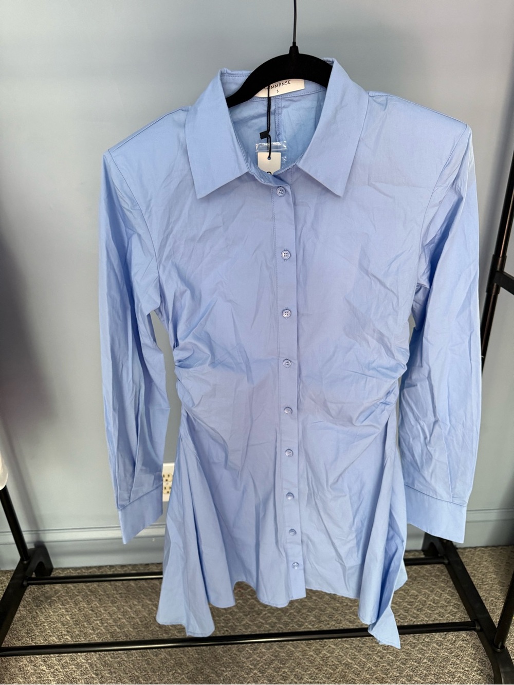 NWT Commense Asymmetric Hem Ruched Button-Up Blue Shirt Dress - Picture 8 of 12